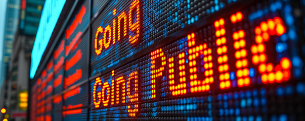 Going Public illuminated text on stock market LED display indicating a company's initial public offering (IPO) amidst financial data