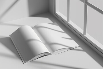 open book or presentation with clean pages on a table near a window