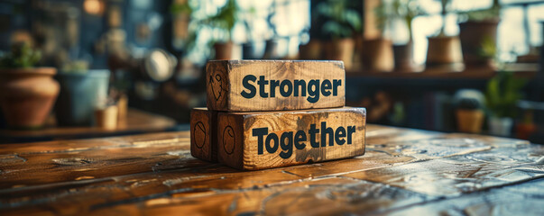 Wooden blocks stacked with 'Stronger Together' message in a cozy room with plants, symbolizing unity and collective strength in a harmonious environment