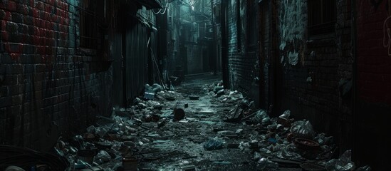 A natural landscape with dark woods, garbage-filled alleyways, and brick walls creates a mysterious...