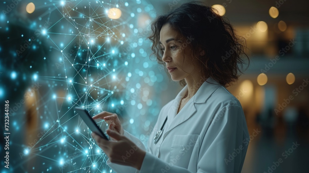 Aufkleber A doctor holds an electronic medical record on a tablet. DNA. Digital healthcare and network connection on a hologram interface. Science and innovation, Medical technology and network concept.