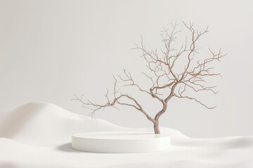 white podium for displaying objects or goods in the scenery of white sand and a dried decorative tree branch without leaves