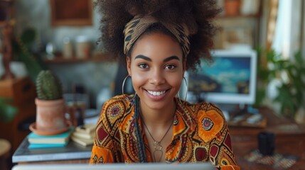 Happy African American woman studying online, watching webinar on computer, and writing check list on desk, smiling at the camera, working on laptop.