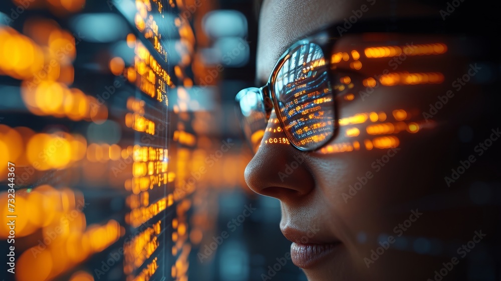 Poster Women in glasses reading html scripts, programming and cyber security research, plus data analytics and holograms of data. A coding or IT person in glasses is reading html scripts, programming and