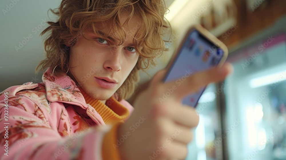 Poster a collage with a website template shows a millennial redhaired guy pointing his finger at the camera