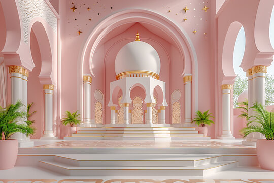 Ramadan Kareem greeting poster design pastel Pink and peach colours glitter with Golden moon and stars and Mosque minar 
