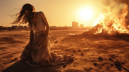 Fototapeta na wymiar girl on fire against the backdrop of a destroyed city war tragedy external danger of the soul a woman lying on the ground sitting in a dress destruction of a calm and happy life fire in the background
