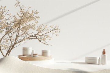 Podium with cosmetics containers and dry tree twigs branch with white sand beach on white background. 3d rendering illustration. Clipping path of each element included. Copy space