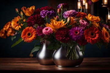 A  stunning close-up view of a vase filled with vibrant flowers on a beautifully set dining table. 