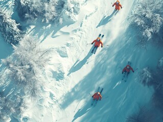 Drone top down shot of adventurers skiing or snowboarding down snowy slopes