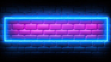 Naklejka premium Brick wall with neon lights. Pink and blue electric light. Purple glow brickwall with copy space