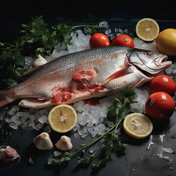 fresh fish on a board with vegetables cooking spices beautiful photo restaurant cafe advertising beautiful food preparation salmon red proper nutrition healthy lifestyle weight loss Mediterranean diet