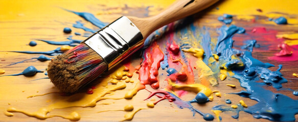 Obraz premium A wooden brush with bright colors on the bristles artistically splashes a spectrum of paint onto a bright yellow background, top view, a lot of empty space in the frame on the sides