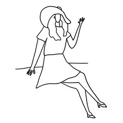 Minimalistic, modern and stylish fashion girl in hat. Vector illustration in hand drawn outline doodle simple contour style isolated on white background. For poster, presentation, cover art.