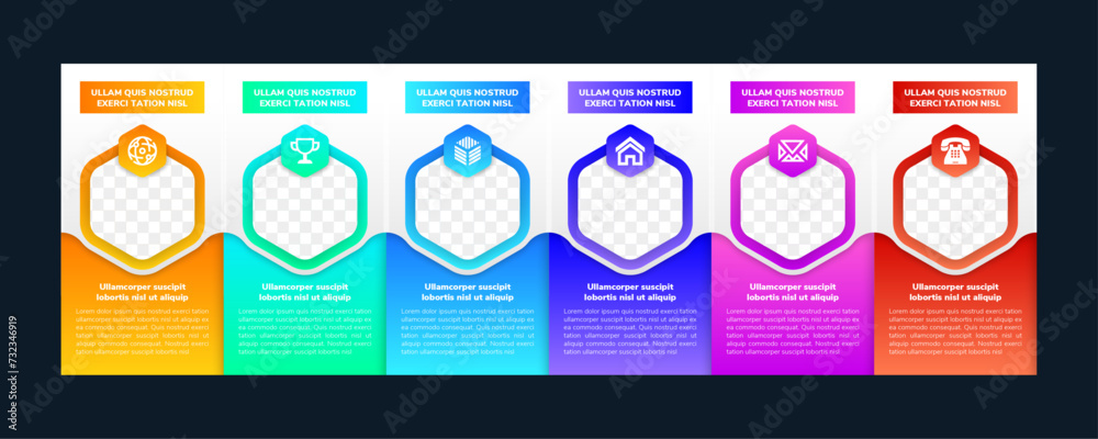 Poster company colorful gradient hexagon mosaic presentation template with team profile photos placeholders