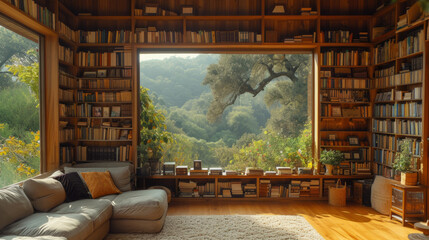 Warm inviting scenic home office library with expansive view of nature in golden hour sunlight. Rustic wood bookshelf in cozy decorated room. Virtual online zoom presentation meeting room background. - obrazy, fototapety, plakaty