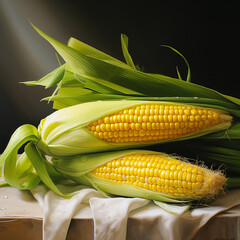 Lean plump corn on a black background. bright juicy photo fresh vegetable advertising cafe restaurant menu articles online magazine healthy image woman losing weight proper nutrition strong health