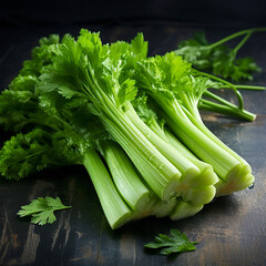 Fresh celery vegetable on table on black background, photo advertising cafe restaurant menu articles online magazine healthy image woman losing weight proper nutrition strong health