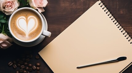 Cup of coffee, notebook and rose flowers. Vintage. Flat lay, top view