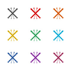  Ski and sticks icon isolated on white background. Set icons colorful