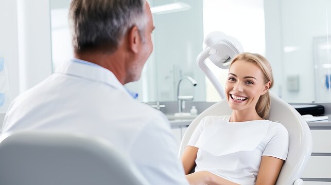 Dentist explaining procedure to patient sitting in dentist's chair