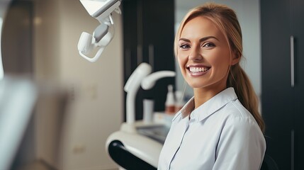 Dentist, mirror and woman check smile after teeth cleaning, braces and dental consultation. Healthcare, dentistry and happy female patient with orthodontist for oral hygiene, wellness and