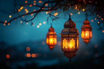 Ramadan Kareem greeting card banner poster design with Golden lantern