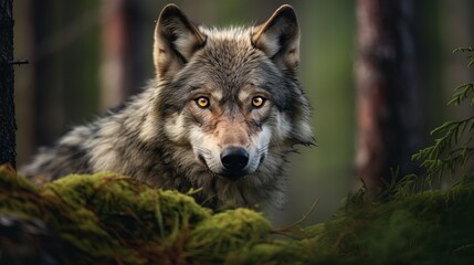 Naklejka na ściany i meble Europe wildlife. Wolf from Finland. Gray wolf, in the spring light, in the forest with green leaves. Wolf in the nature habitat. Wild animal in the Finland taiga. Wildlife nature, Europe