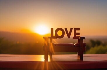 Sunset, A sign that says "Love". Valentine's Day décor.