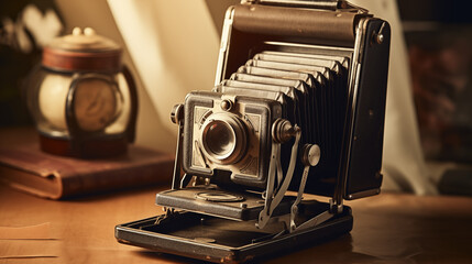 Vintage bellows camera displayed on a wooden table.