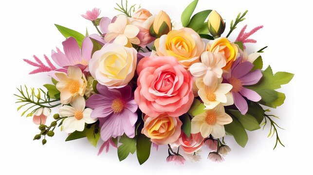 Fresh, lush bouquet of colorful flowers  for present isolated on white background. Wedding bouquet of roses and freesia flowers