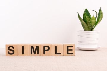 SIMPLE word made of building blocks on a table with a flower and a light background