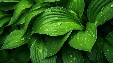 Green plant texture, Garden lily leaves wet from rain, overhead view, natural fractals background
