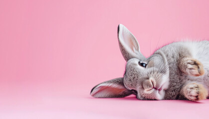 banner easter bunny rabbit lies on its back on a pink background.mock-up, space for text.concept for easter , holiday, farm shop, pet store