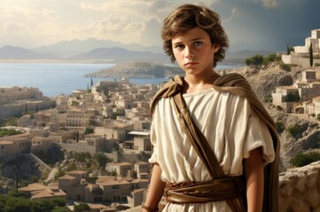 Fototapeta na wymiar Monumental Child boy ancient greek city. Culture people. Generate Ai