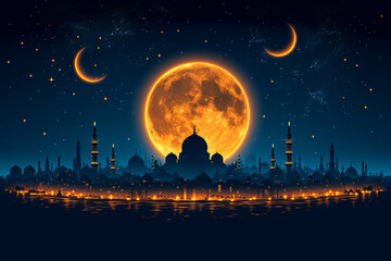 Naklejka premium Ramadan Kareem greeting card banner poster design with moon and Mosque minar 