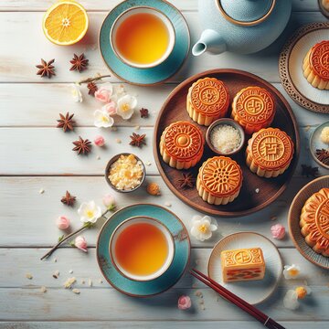 Mid-Autumn Festival holiday concept design of moon cake, mooncakes, tea set