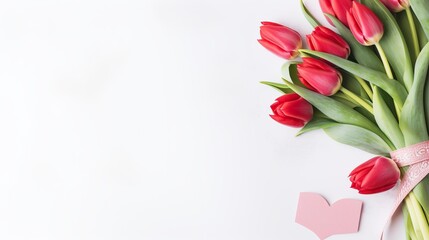 Happy women's day text, holiday card concept concept, beautiful fresh red tulips on white background