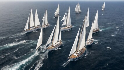 One regatta of sailing ships with white sails on the high seas. Aerial view of a sailboat in a windy state.