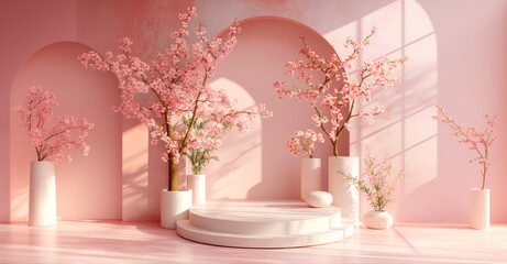Podium for product demonstration in room adorned with vases filled with beautiful pink flowers