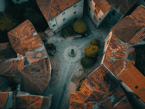 Top-down view of a historic town or village with cobblestone streets