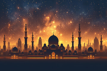 Ramadan Kareem greeting card banner poster design with moon and Mosque minar 