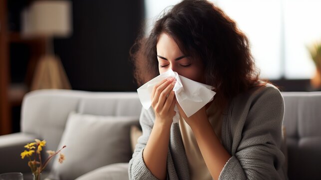 Ill or sick woman with allergy, sinus infection sneezing in tissue or blowing nose during flu season at home. Sick girl caught a bad cold showing symptoms of covid, or suffering from a