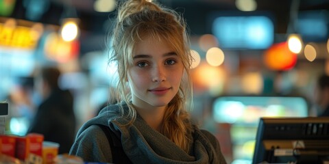 Young Woman Standing in Front of Counter. Generative AI.