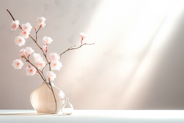 Sakura flowers in vase on white table and light wall background