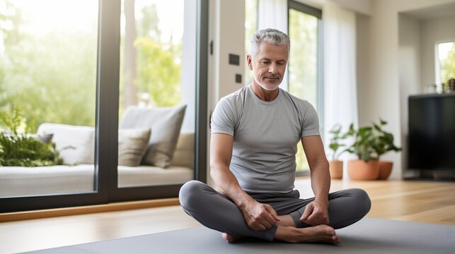 Middle Aged Sport Man Doing Yoga And Fitness At Home Using Laptop