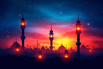Naklejka premium Ramadan Kareem greeting card banner poster design with moon and Mosque minar 
