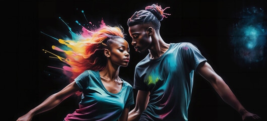 Young black woman and man dancing. The rhythm of the music - obrazy, fototapety, plakaty