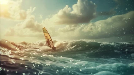 Deurstickers Windsurfer during competition on the open sea during a storm, beauty of nature and surfing competition poster © Ed