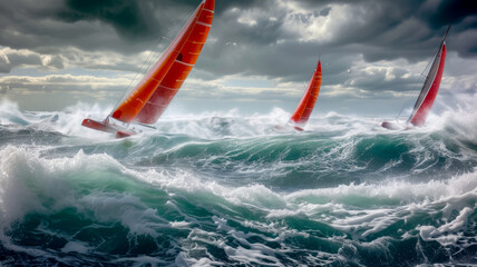Catamarans under a scarlet sail sail along the stormy azure sea, participation in a regatta or sailing trip on the ocean, an idea for a banner and advertising